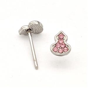 Raw Stainless Steel Gourd Stud Earring Pave Pink Rhinestone, approx 5-6.5mm