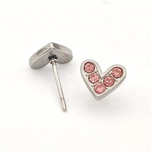 Raw Stainless Steel Hear Stud Earrings Pave Pink Rhinestone, approx 8.5mm