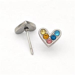 Raw Stainless Steel Hear Stud Earrings Pave Multicolor Rhinestone, approx 8.5mm