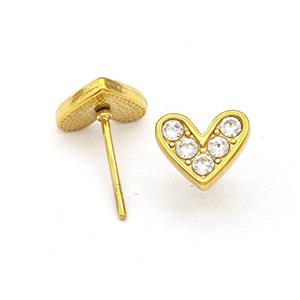 Stainless Steel Hear Stud Earrings Pave Rhinestone Gold Plated, approx 8.5mm