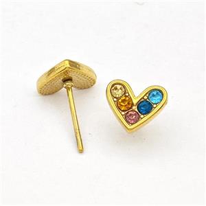 Stainless Steel Hear Stud Earrings Pave Multicolor Rhinestone Gold Plated, approx 8.5mm