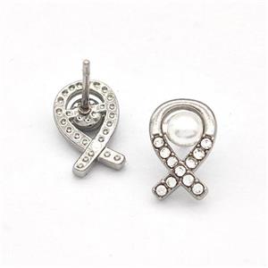 Raw Stainless Steel Stud Earring Pave Rhinestone Pearlized Resin Awareness Ribbons, approx 7-11mm