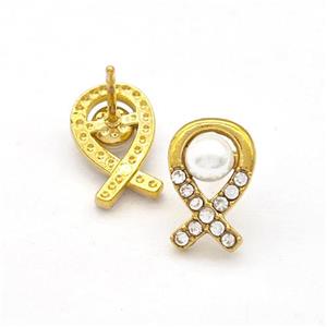 Stainless Steel Stud Earring Pave Rhinestone Pearlized Resin Awareness Ribbons Gold Plated, approx 7-11mm
