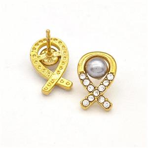 Stainless Steel Stud Earring Pave Rhinestone Pearlized Resin Awareness Ribbons Gold Plated, approx 7-11mm