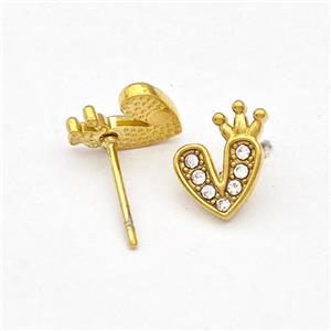 Stainless Steel Heart Stud Earrings Pave Rhinestone Crown Gold Plated, approx 9-10mm
