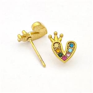 Stainless Steel Heart Stud Earrings Pave Rhinestone Crown Gold Plated, approx 9-10mm