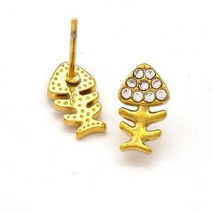 Stainless Steel Fishbone Stud Earrings Pave Rhinestone Gold Plated, approx 6-10mm
