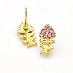Stainless Steel Fishbone Stud Earrings Pave Pink Rhinestone Gold Plated, approx 6-10mm