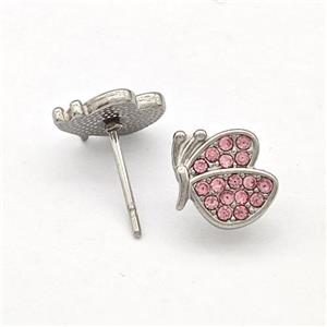 Raw Stainless Steel Butterfly Stud Earrings Pave Pink Rhinestone, approx 9-10mm