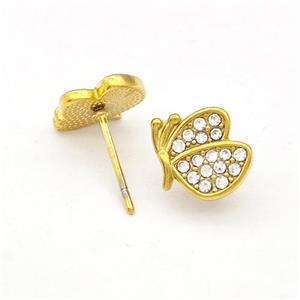 Stainless Steel Butterfly Stud Earrings Pave Rhinestone Gold Plated, approx 9-10mm