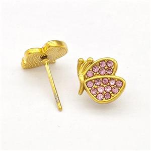 Stainless Steel Butterfly Stud Earrings Micro Pave Pink Rhinestone Gold Plated, approx 9-10mm