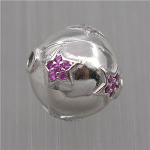 Sterling Silver round beads paved zircon, star, platinum plated, approx 12mm dia