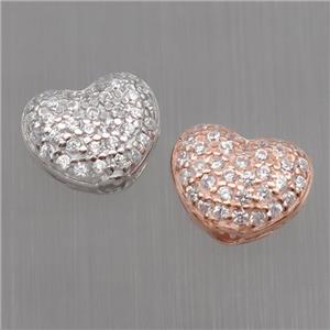 Sterling Silver heart beads paved zircon, mixed color, approx 9mm dia