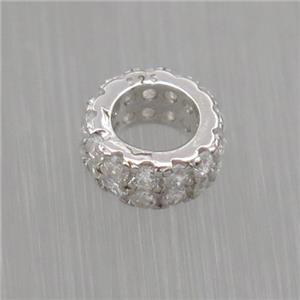 Sterling Silver beads paved zircon, rondelle, platinum plated, approx 6mm, 3.5mm hole