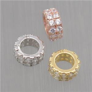 European style Sterling Silver beads paved zircon, rondelle, mixed color, approx 6mm, 3.5mm hole
