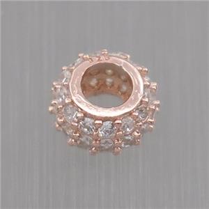 Sterling Silver beads paved zircon, rondelle, rose gold, approx 6mm, 3mm hole