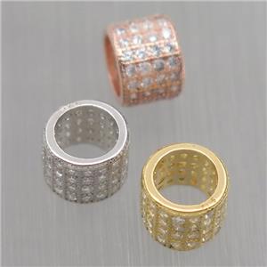 European style Sterling Silver tube beads paved zircon, large hole, mixed color, approx 7mm, 5mm hole