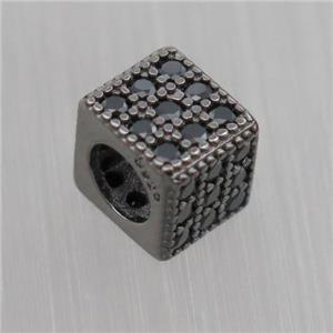 European style Sterling Silver cube beads paved zircon, black plated, approx 5x6x6mm, 4mm hole