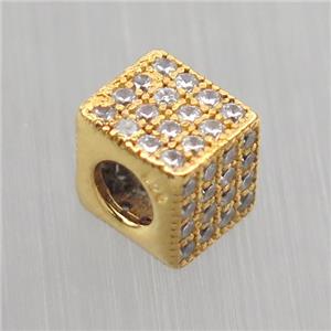 European style Sterling Silver cube beads paved zircon, gold plated, approx 7mm, 4mm hole