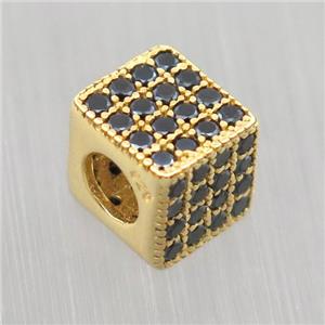 European style Sterling Silver cube beads paved zircon, gold plated, approx 7mm, 4mm hole