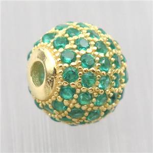 round Sterling Silver beads paved green zircon, gold plated, approx 6mm dia
