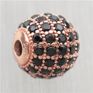 round Sterling Silver beads paved black zircon, rose gold, approx 6mm dia