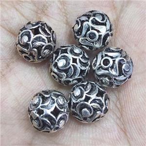Sterling Silver round beads, hollow, antique silver, approx 10mm dia