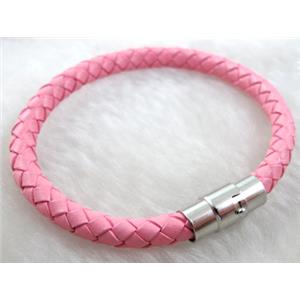 Pink Leather Bracelet, magnetic clasp, 6mm dia,8 inch length