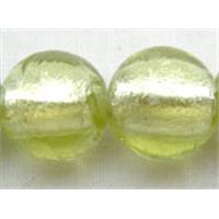 Lampwork Glass Beads with silver foil, round, lt.olive, 10mm dia
