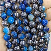 blue striped Agate Beads, half silver electroplated, approx 12mm dia