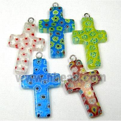 Millefiori glass crosses pendant-multi flower&mixed