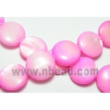 15.5 inches string of freshwater shell beads, flat-round, hot-pink